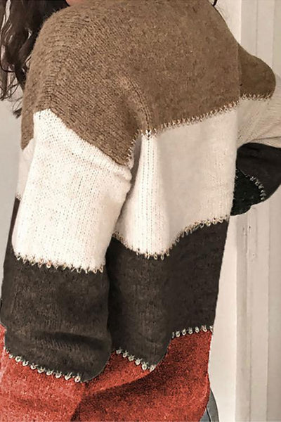 V Neck Button Color Block Cardigan - girlyrose.com