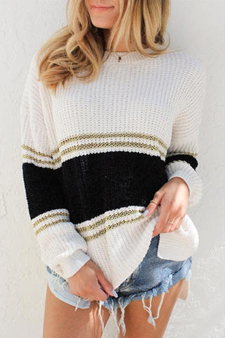 Striped Long Sleeved Knitted Sweater - girlyrose.com