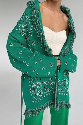 Paisley Print Tassels Belted Cardigan