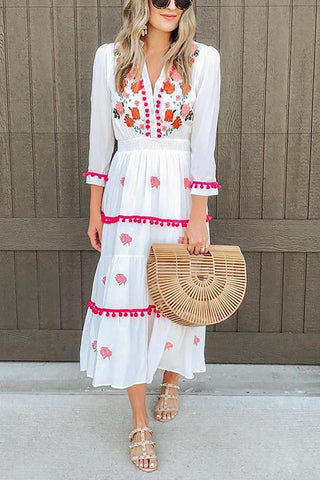 Embroidery Pom Pom Maxi Dress - girlyrose.com