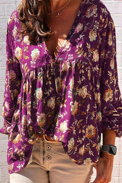 Floral Print V Neck Loose Blouse