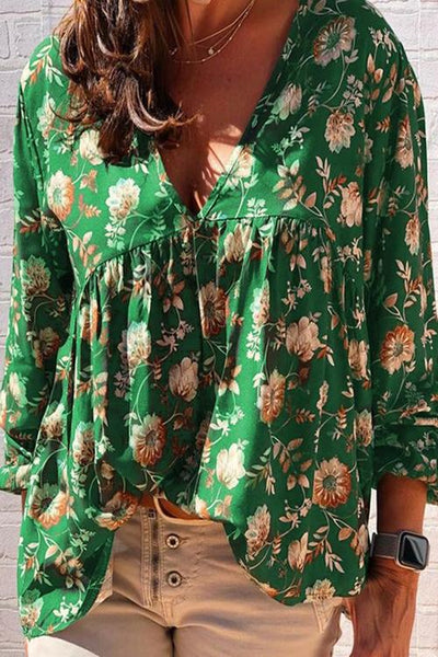 Floral Print V Neck Loose Blouse