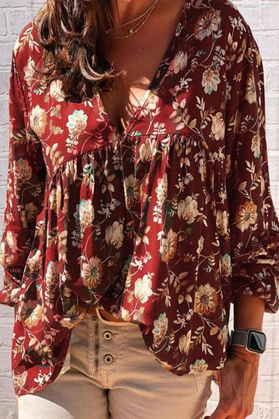 Floral Print V Neck Loose Blouse