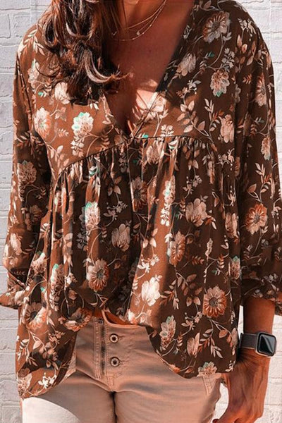 Floral Print V Neck Loose Blouse