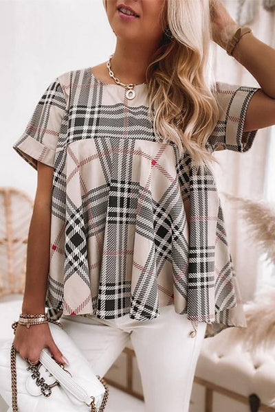 Plaid Short Sleeve Loose T Shirt - girlyrose.com