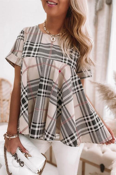 Plaid Short Sleeve Loose T Shirt - girlyrose.com