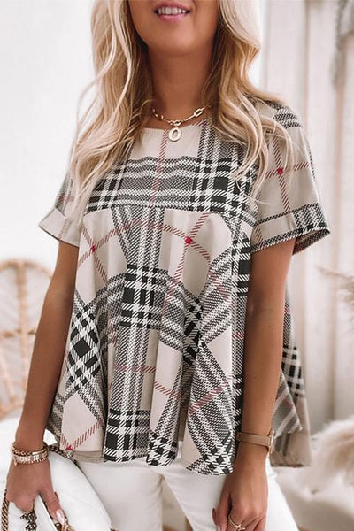 Plaid Short Sleeve Loose T Shirt - girlyrose.com