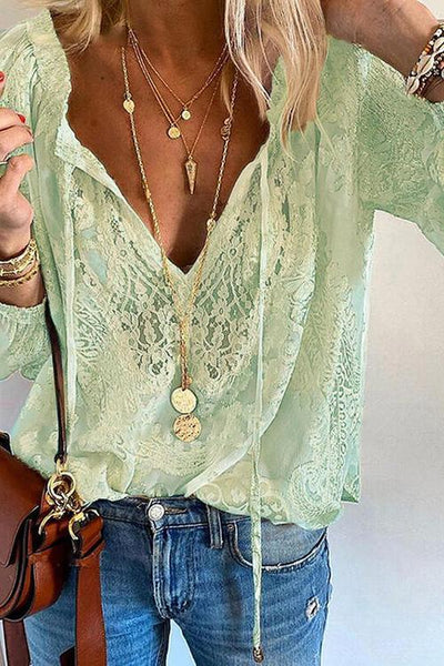 Lace Loose Long Sleeve Blouse - girlyrose.com