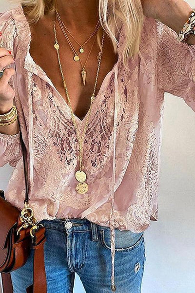 Lace Loose Long Sleeve Blouse - girlyrose.com