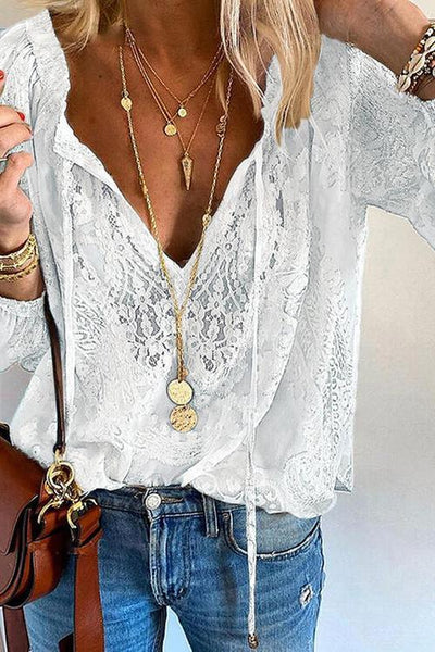 Lace Loose Long Sleeve Blouse - girlyrose.com