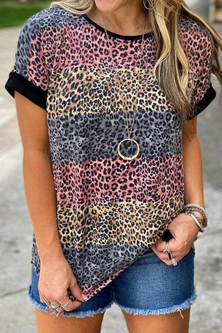 Leopard Patchwork Short Sleeve T shirt - girlyrose.com