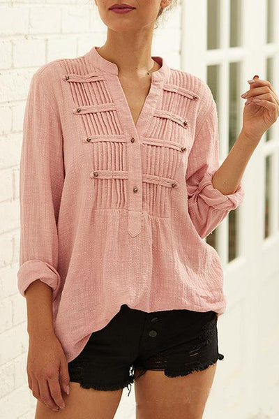 Pleated Buttoned Long Sleeves Blouses - girlyrose.com