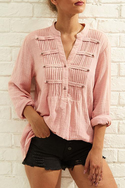 Pleated Buttoned Long Sleeves Blouses - girlyrose.com