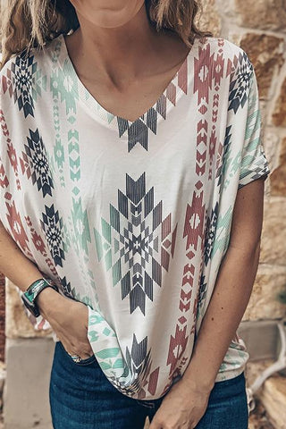 Ethnic Print V Neck Short Sleeve T Shirt - girlyrose.com