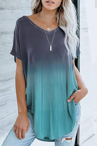 Gradient V Neck Loose T Shirt - girlyrose.com