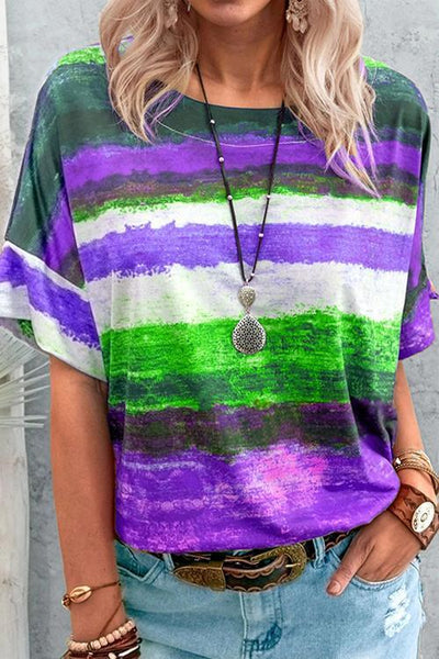 Colorful Stripe Short Sleeve T Shirt - girlyrose.com