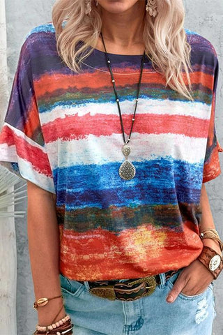 Colorful Stripe Short Sleeve T Shirt - girlyrose.com