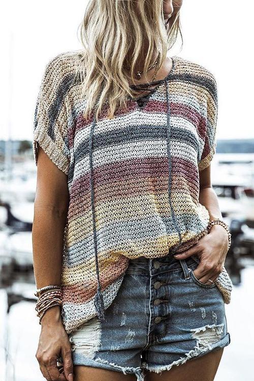 Colorful Lace Up Short Sleeve Knit T Shirt - girlyrose.com