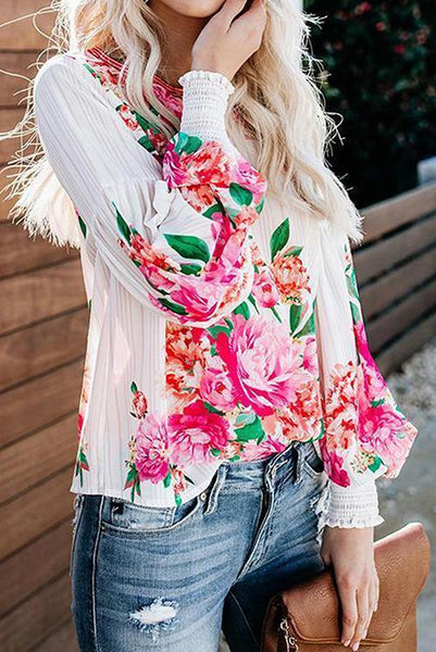 Floral Print Puff Long Sleeve Blouse