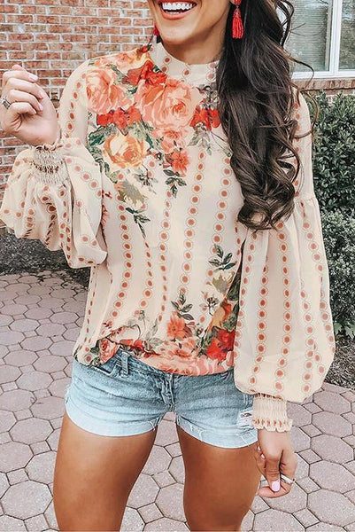 Floral Print Puff Long Sleeve Blouse