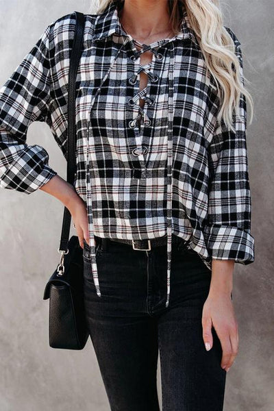 Plaid Lace Up Neck Blouse - girlyrose.com