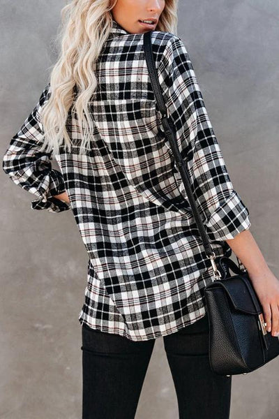 Plaid Lace Up Neck Blouse - girlyrose.com