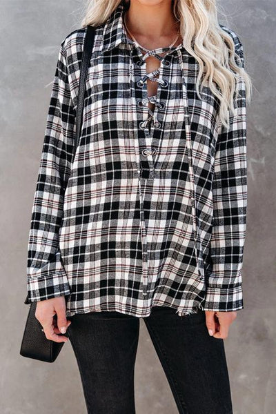 Plaid Lace Up Neck Blouse - girlyrose.com