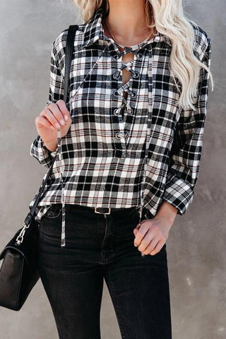 Plaid Lace Up Neck Blouse - girlyrose.com