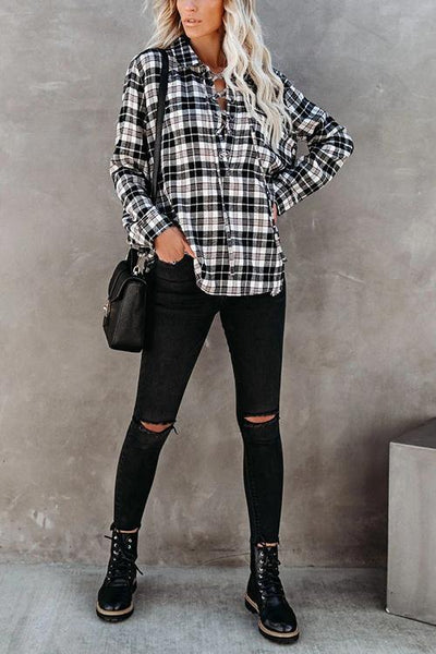 Plaid Lace Up Neck Blouse - girlyrose.com