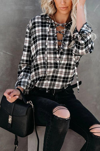 Plaid Lace Up Neck Blouse - girlyrose.com