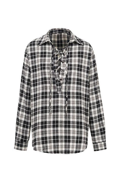 Plaid Lace Up Neck Blouse - girlyrose.com