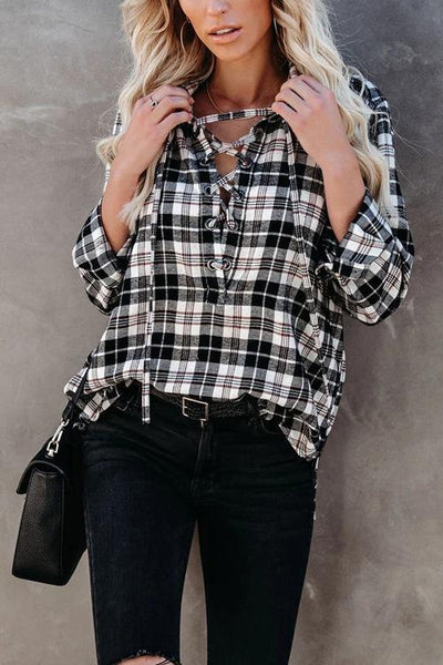 Plaid Lace Up Neck Blouse - girlyrose.com