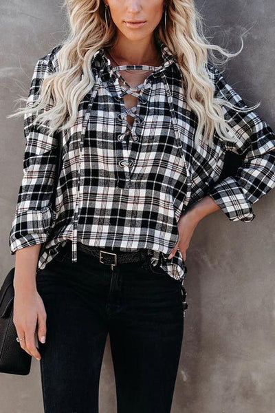 Plaid Lace Up Neck Blouse - girlyrose.com