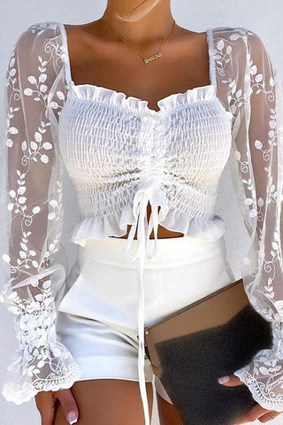 Shirring Detail Frill Hem Leaf Pattern Mesh Top - girlyrose.com