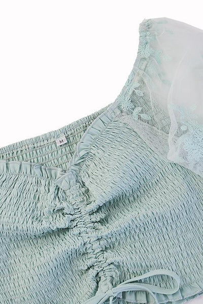 Shirring Detail Frill Hem Leaf Pattern Mesh Top - girlyrose.com
