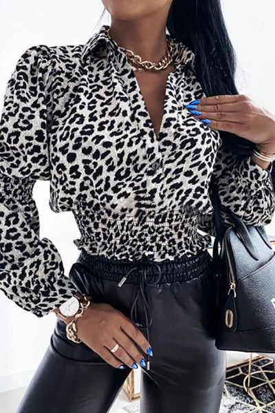 Leopard Elastic Smocked Waist Blouse - girlyrose.com