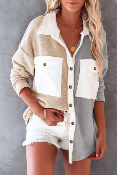 Colorblock Fleece Pockets Button Shirt