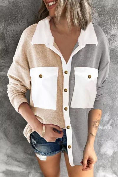 Colorblock Fleece Pockets Button Shirt