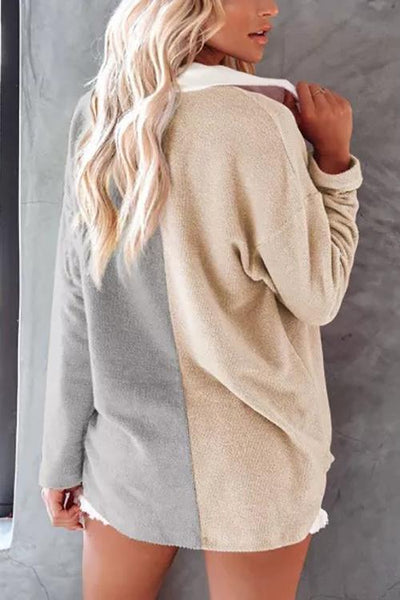Colorblock Fleece Pockets Button Shirt