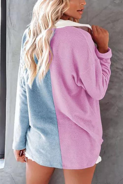 Colorblock Fleece Pockets Button Shirt