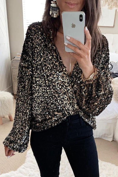 Sequin V Neck Puff Sleeve Blouse