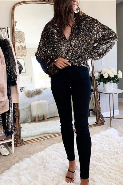 Sequin V Neck Puff Sleeve Blouse