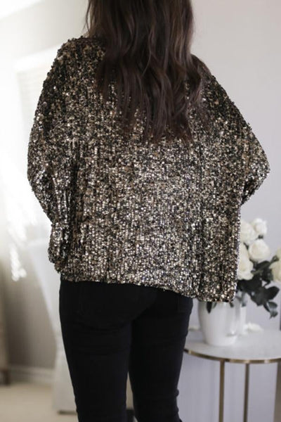 Sequin V Neck Puff Sleeve Blouse