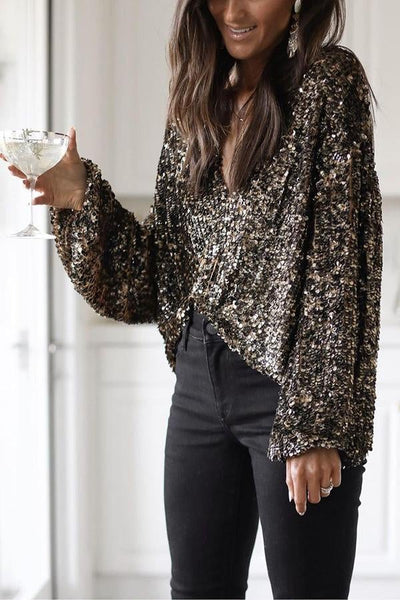 Sequin V Neck Puff Sleeve Blouse