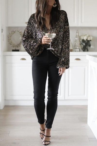 Sequin V Neck Puff Sleeve Blouse