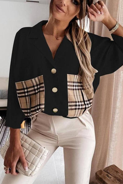 Lapel Plaid Pocket Button Blouse