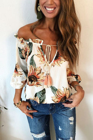 Off Shoulder Floral Drawstring Blouse