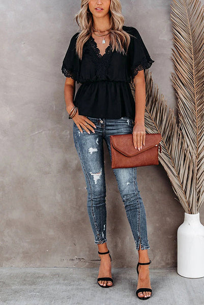 V Neck Crochet Lace Peplum Blouse