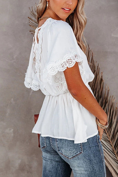 V Neck Crochet Lace Peplum Blouse