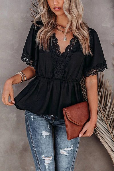 V Neck Crochet Lace Peplum Blouse